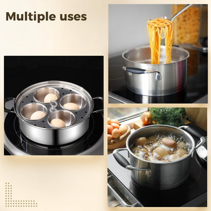 8 Inch Stainless Steel Egg Poacher Pan, 4 Egg Poaching Cups for Easy Release, Tempered Glass Lid for Visible Cooking, Healthy Long-lasting, All Stovetops Compatible