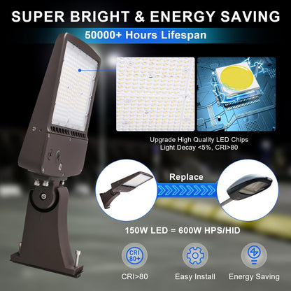 480V 150W LED Parking Lot Light, 5000K 21000LM [Eqv. 600W HPS] LED Shoebox Light with Direct Arm Mount, Dimmable Outdoor Street Area Lighting, IP65 10KV Surge Protection, AC277-480V
