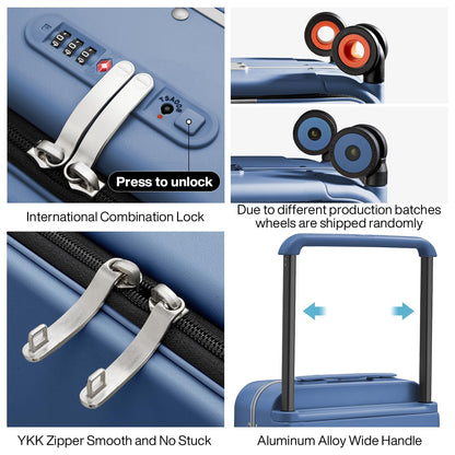 mixi Carry On Luggage Wide Handle Luxury Design Rolling Travel Suitcase PC Hardside with Aluminum Frame Hollow Spinner Wheels, with Cover, 20 inch, Sapphire Blue