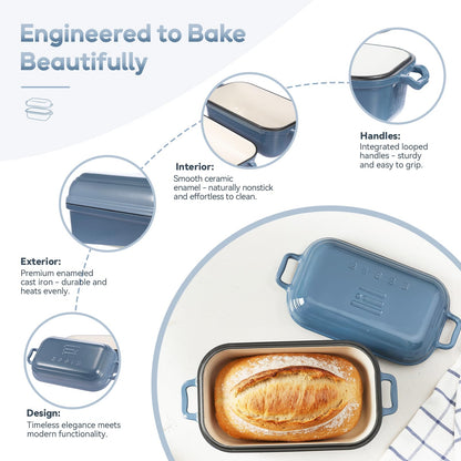 Ryede Dutch Oven for Sourdough Bread Baking, Enameled Cast Iron Dutch Oven Pot with Lid, 10×6 Bread Loaf Pans with Lid for Homemade Bread, Cake, Meatloaf, Oven & Induction Safe (Blue, 3.84 QT)