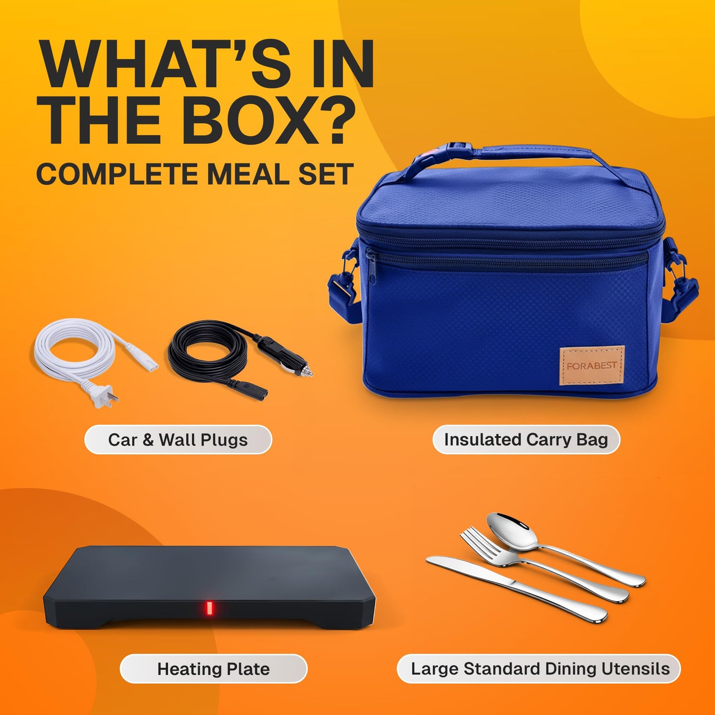 FORABEST Portable Microwave Food Warmer - Electric Lunch Box 80W with Insulated Bag and Utensils - 12V/24V Car/Truck & 110/220V Home/Office Use - Fits up to 10 x 7 x 5 Inches Containers - Blue