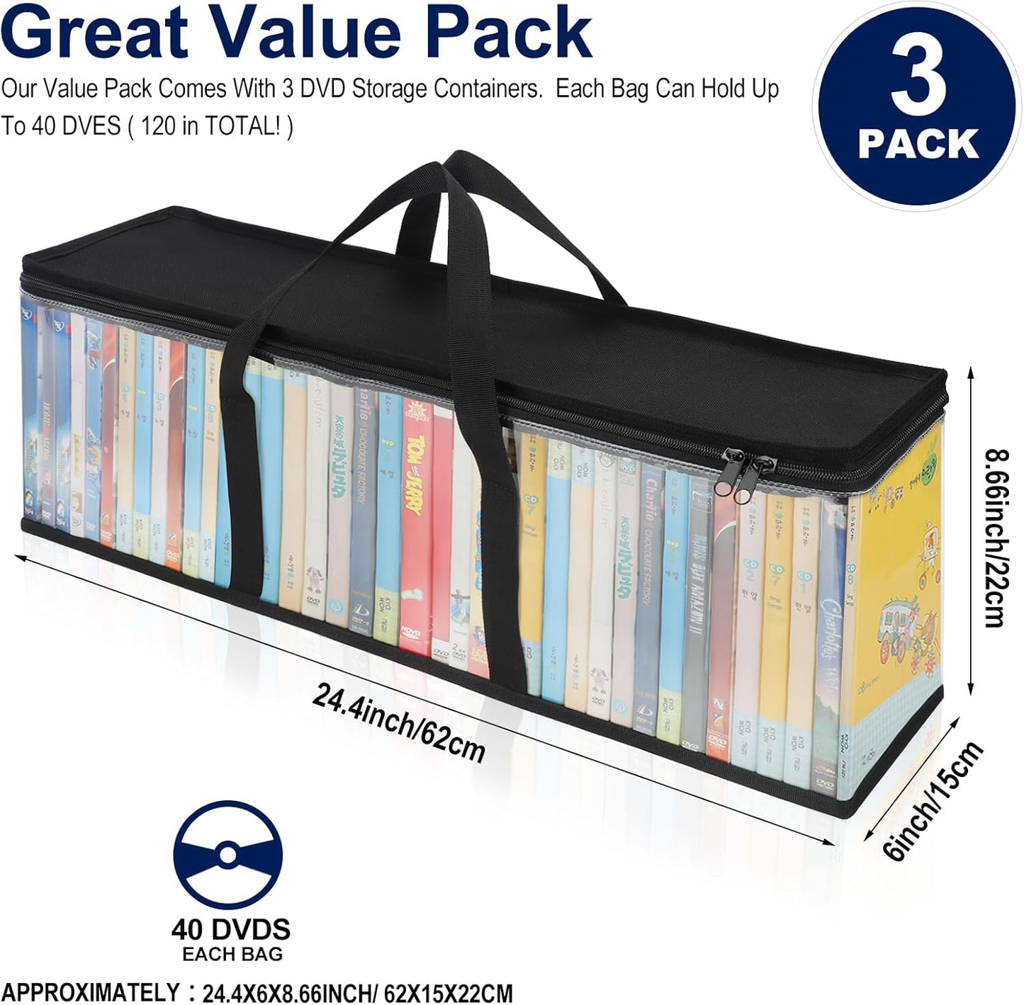 CCidea DVD Storage Bags Set of 3, Clear PVC Media Holder Case with Handles for DVDs/CDs/VHS - Holds 40 DVDs
