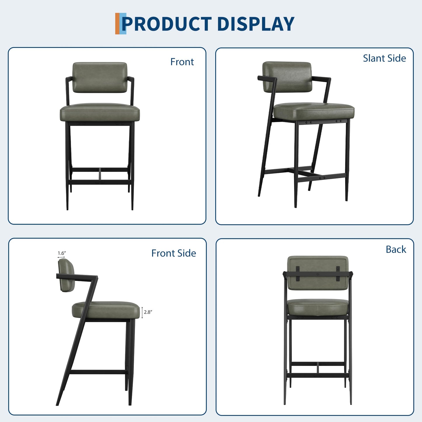 Garvee Bar Stools Set of 6 w/Arms & Footrest, Upholstered Bar Stools with Backrest & Thickened Metal Legs, Counter Height Bar Stools with Thick Cushion for Island, Counter Bar, Retro Green