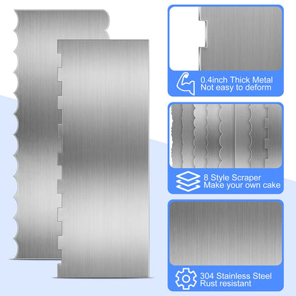 Geiserailie 4 Pieces Stainless Steel Cake Scraper Smoother Large Double Sided Patterned Edge Stripe 9 Inch Metal Cake Decorating Comb for Icing Mousse Butter Cream Decoration, 4 Styles