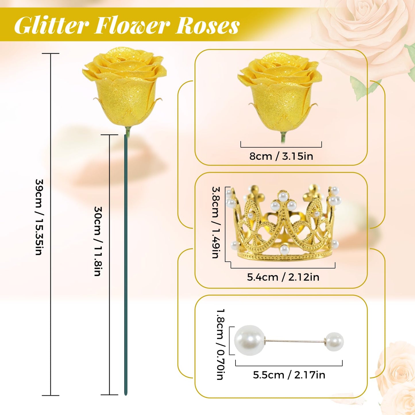 Yellow Glitter Roses Bouquet, 24 Pcs Shiny Glitter Flowers Bouquet, Everlasting Artificial Roses Bouquet for Mothers Day, Birthday, Anniversary, Wedding, Engagement, Christmas