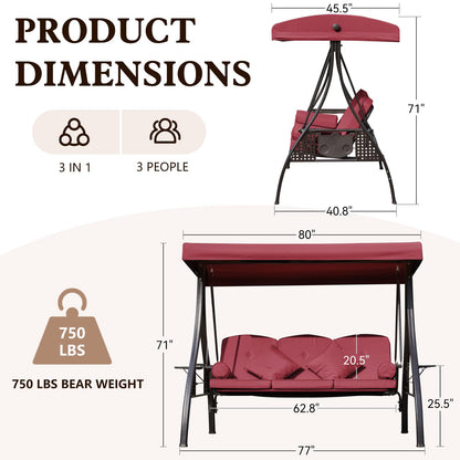 Mvpipi Outdoor Porch Patio Swing,3-seat Swing with Canopy,3 in 1 Convertible Swing Bed for Adults,Porch Swing with Stand,Bench Swing with Pillows & Cup Holder for Garden,Deck(Wine Red,Square Tube)