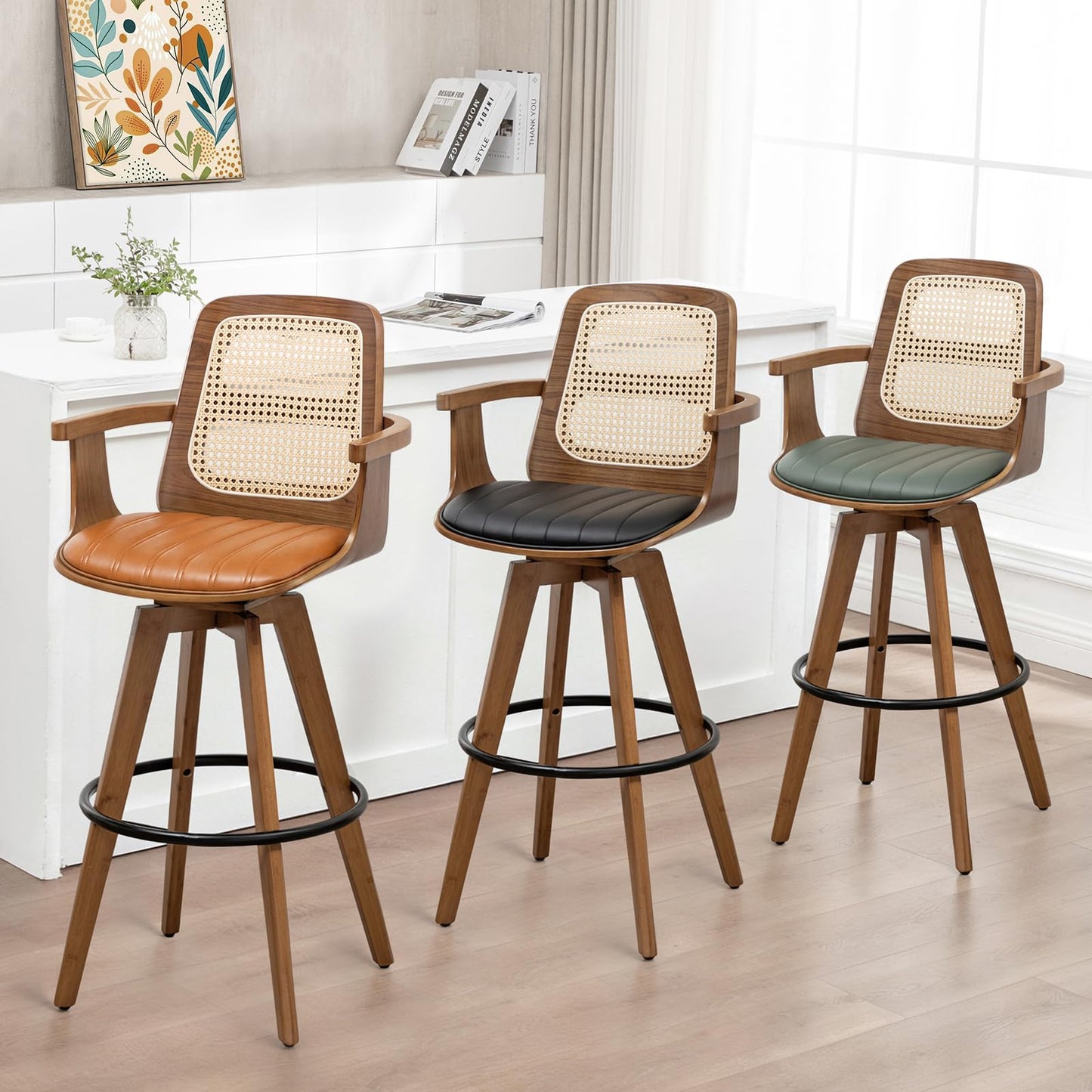 WUPOTO Bar Stools Set of 2, 29.7" Bar Height 360° Swivel Stools with Ergonomic Rattan Back, Faux Leather Seat, Bamboo Legs with Walnut Finish, Mid-Century Style (Green)