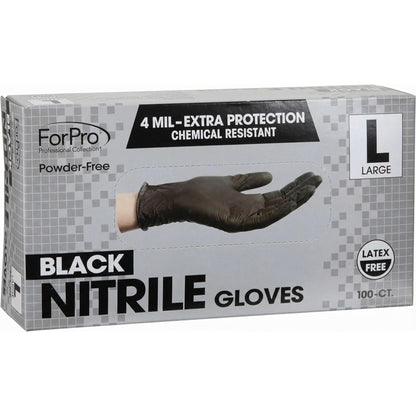 ForPro Professional Collection Disposable Nitrile Gloves, Chemical Resistant, Powder-Free, Latex-Free, Non-Sterile, Food Safe, 4 Mil, Black, Large, 100-Count