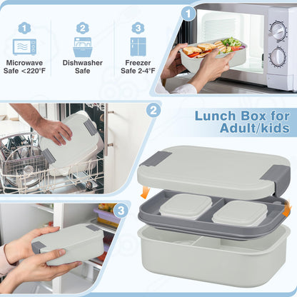 Bento Lunch Box Set with 10.5oz Soup Thermo Food Jar for Adults Kids, Stainless Steel Leak-proof Lunch Container with 4 Compartment, Coffee Tumbler with Lunch Bag for School Travel Office-Grey
