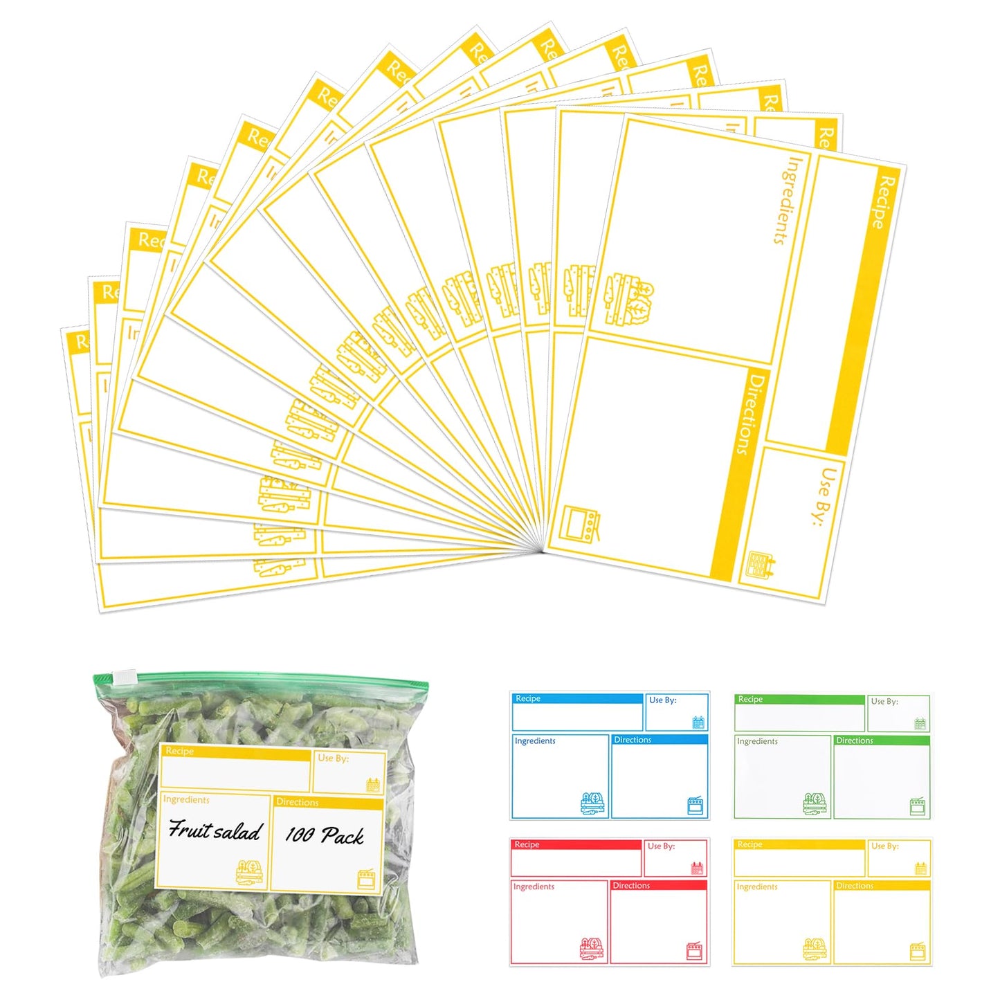 100pcs Labels for Freezer Bags Freezer Meal Labels with Instructions 3.2 X 5 inch Oil and Water Resistant Labels Food Labels for Freezer Storage for Leftovers in Fridge Removable Freezer (Yellow)