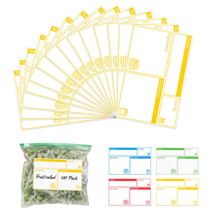 100pcs Labels for Freezer Bags Freezer Meal Labels with Instructions 3.2 X 5 inch Oil and Water Resistant Labels Food Labels for Freezer Storage for Leftovers in Fridge Removable Freezer (Yellow)