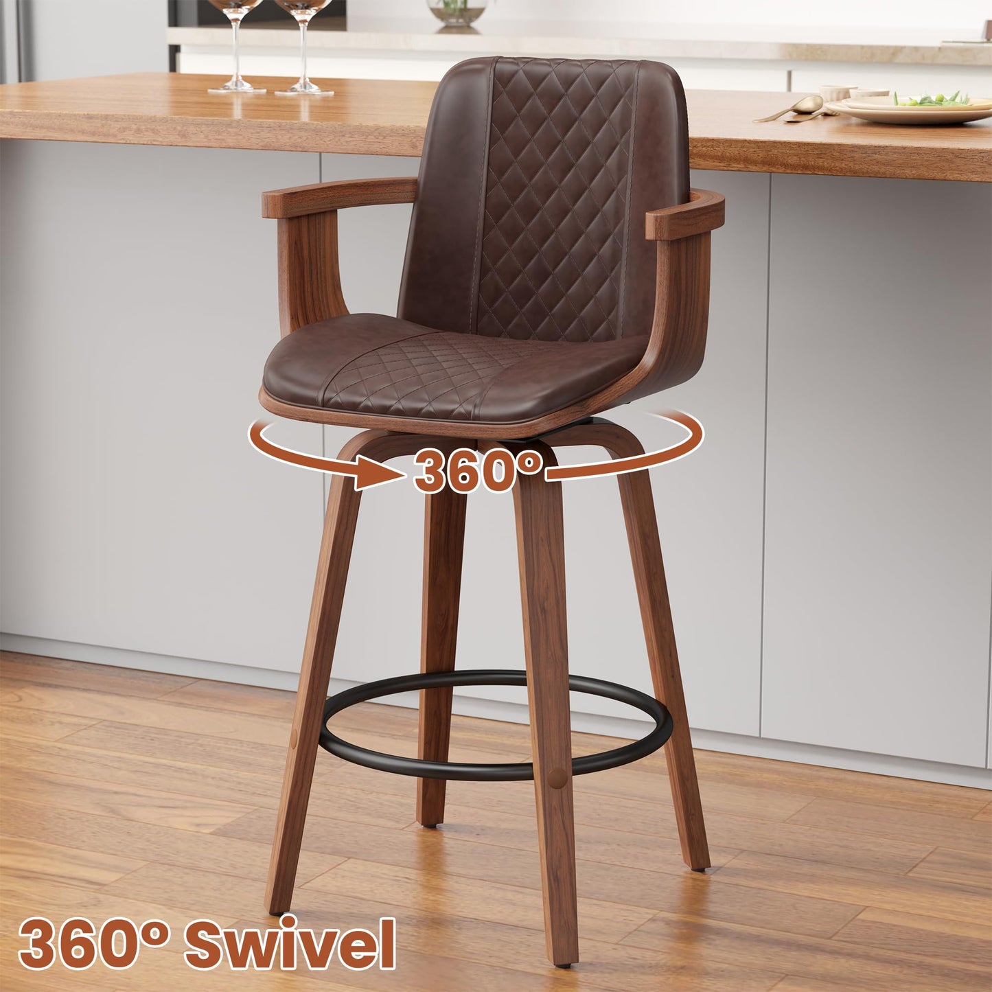 YaFiti Swivel Bar Stools Set of 2, 26" Counter Height Barstools with Wood Legs and Backs, Upholstered PU Leather Bentwood Frame Bar Chairs with Armrest for Kitchen Island, Dining Room, Brown