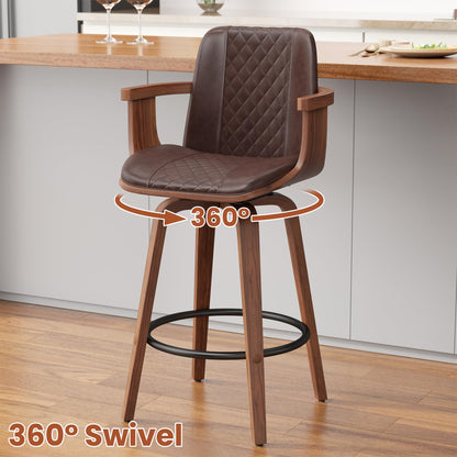 YaFiti Swivel Bar Stools Set of 2, 26" Counter Height Barstools with Wood Legs and Backs, Upholstered PU Leather Bentwood Frame Bar Chairs with Armrest for Kitchen Island, Dining Room, Brown