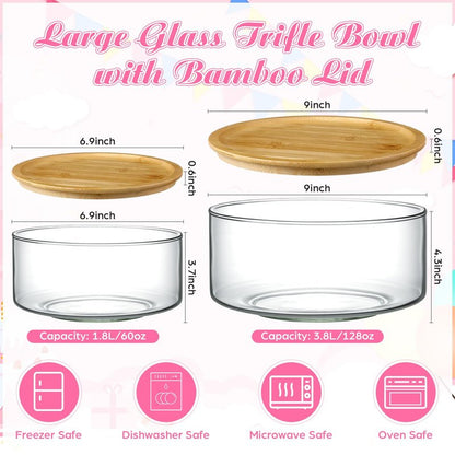 Qinyoung 2 Pack Large Trifle Bowls with Lids 9 Inch and 6.9 Inch Clear Glass Large Salad Bowl for Cake, Baking, Dessert, Fruit and Party DIY with 5 Pcs Wood Serving Utensils, Microwave Dishwasher Safe