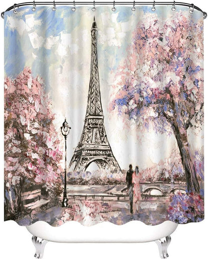 Paris Shower Curtain for Bathroom, Sakura Landscape Pink Romantic Waterproof Fabric 72x72 Inches with Hooks