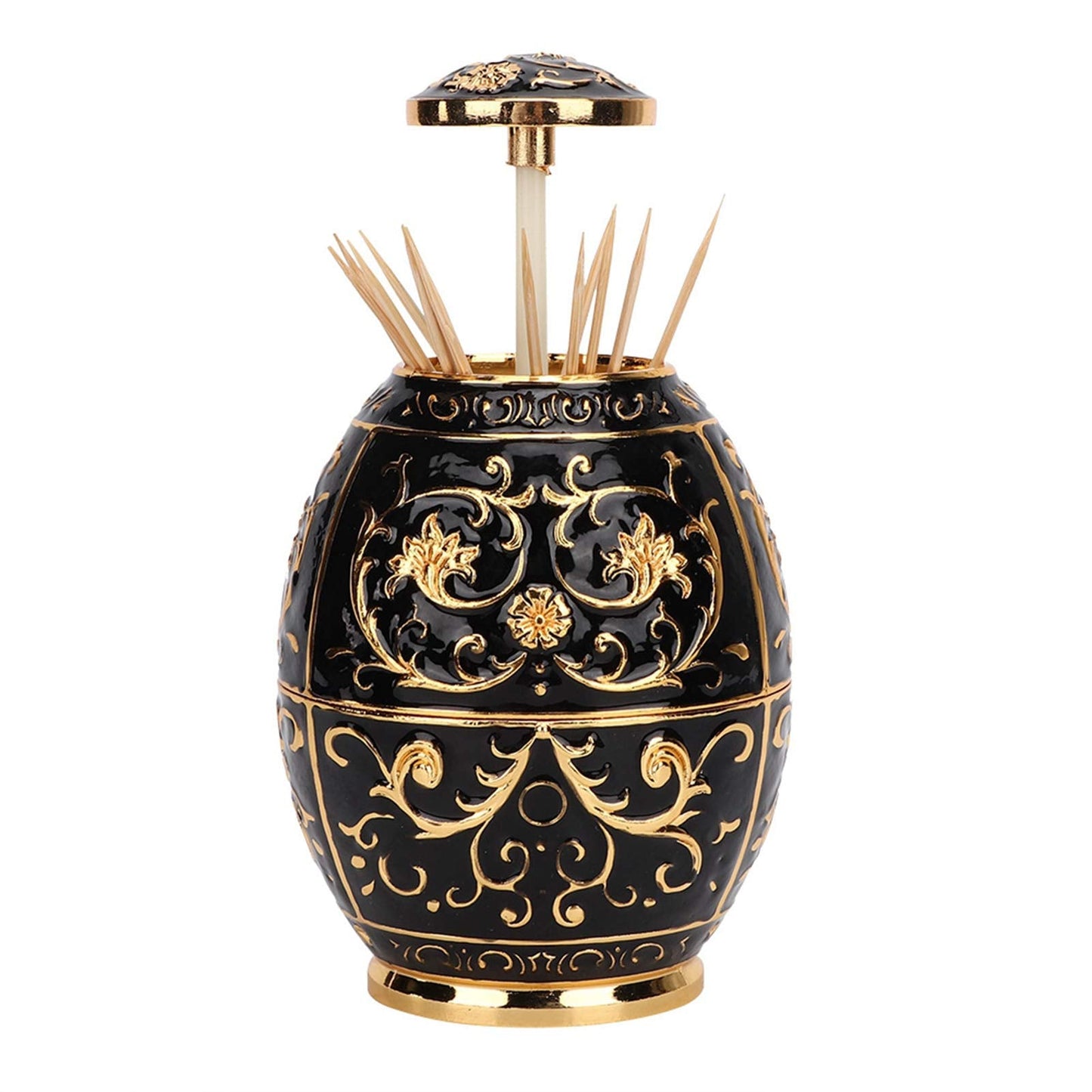 Pssopp Retractable Toothpick Holder, European Vintage Egg Shaped Toothpick Dispenser with Fully Sealed Design and Elegant Flower Carvings, Tin Alloy Storage Container for Home (Golden Black Glue)