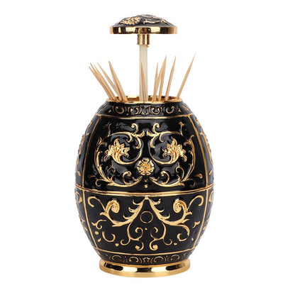 Pssopp Retractable Toothpick Holder, European Vintage Egg Shaped Toothpick Dispenser with Fully Sealed Design and Elegant Flower Carvings, Tin Alloy Storage Container for Home (Golden Black Glue)