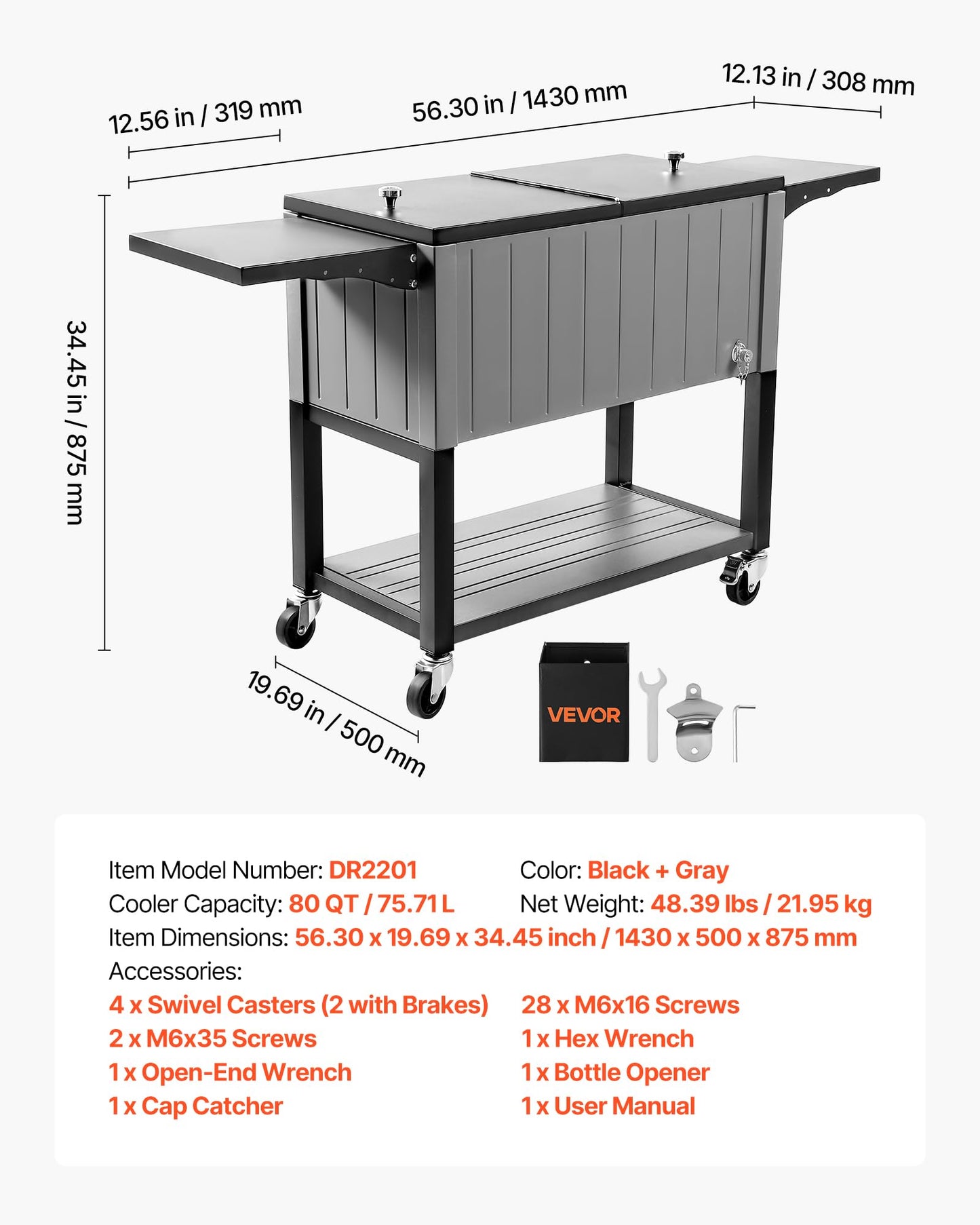 VEVOR 80QT Rolling Ice Chest, Holds up to 50 Bottles / 110 Cans, Portable Patio Party Bar Drink Cooler Cart with Bottom Shelf & Foldable Side Shelves, Beverage Pool with Swivel Wheels & Bottle Opener