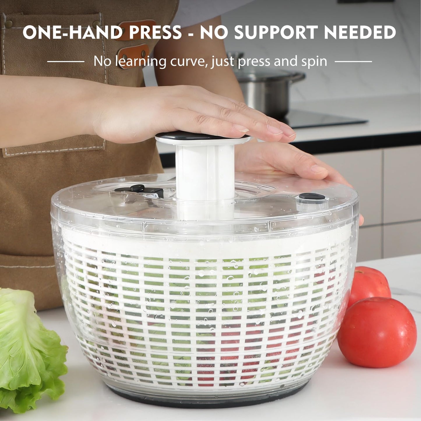 Ourokhome 6.3 QT Salad Spinner with Fully Removable Lid, Large Lettuce Dryer with One-Hand Press Pump, Instant Stop Brake Button and Retractable Handle, Vegetable Washer & Spinner for Greens and Herbs