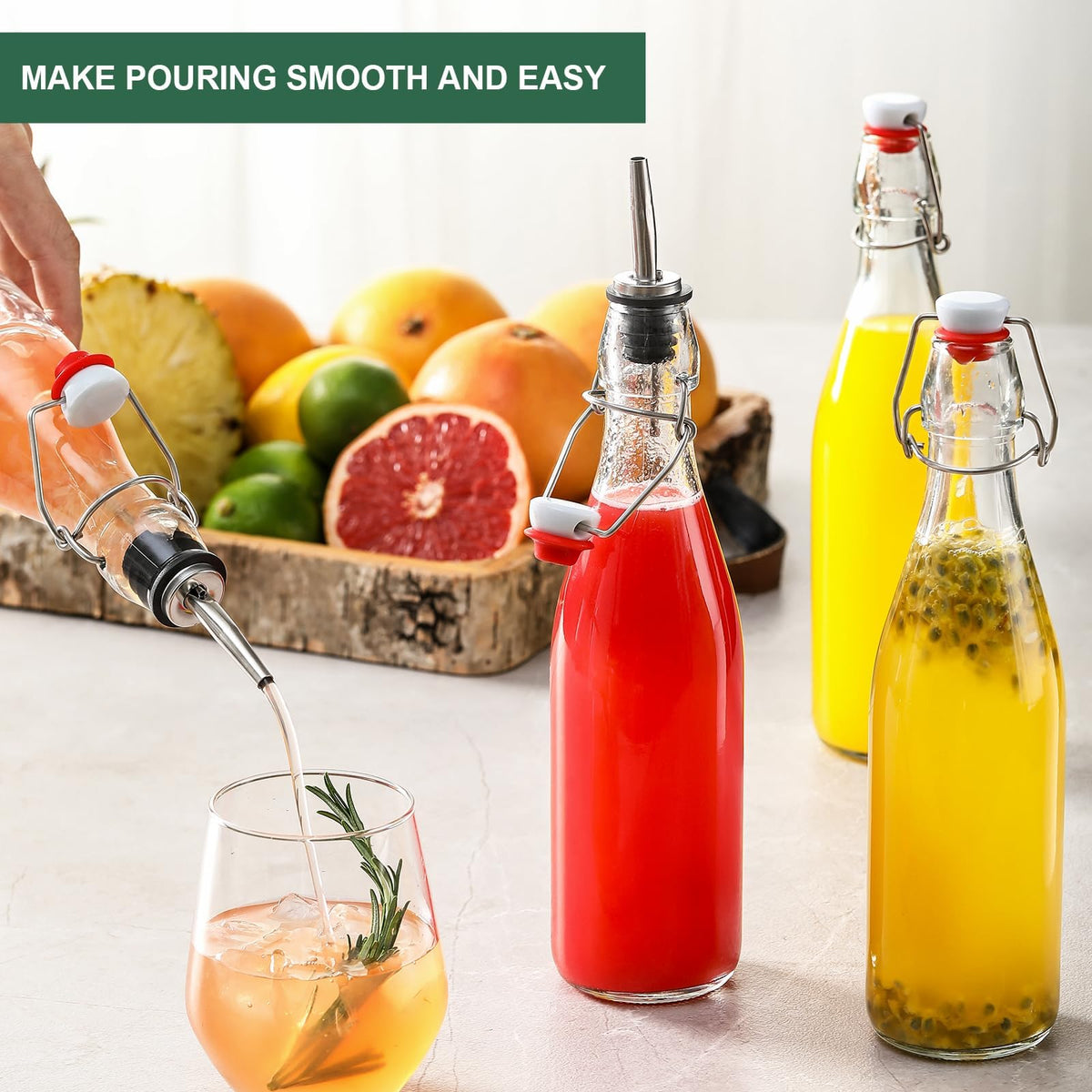 8 Set 16 OZ Swing Top Glass Bottles - Flip Top Beer Brewing Bottles with Stopper for Fermentation, Kombucha, Mead Kefir, Vanilla Extract, Juice, Tea, Wine, Soda - Airtight Cap Lids, Bonus 2 Pourers