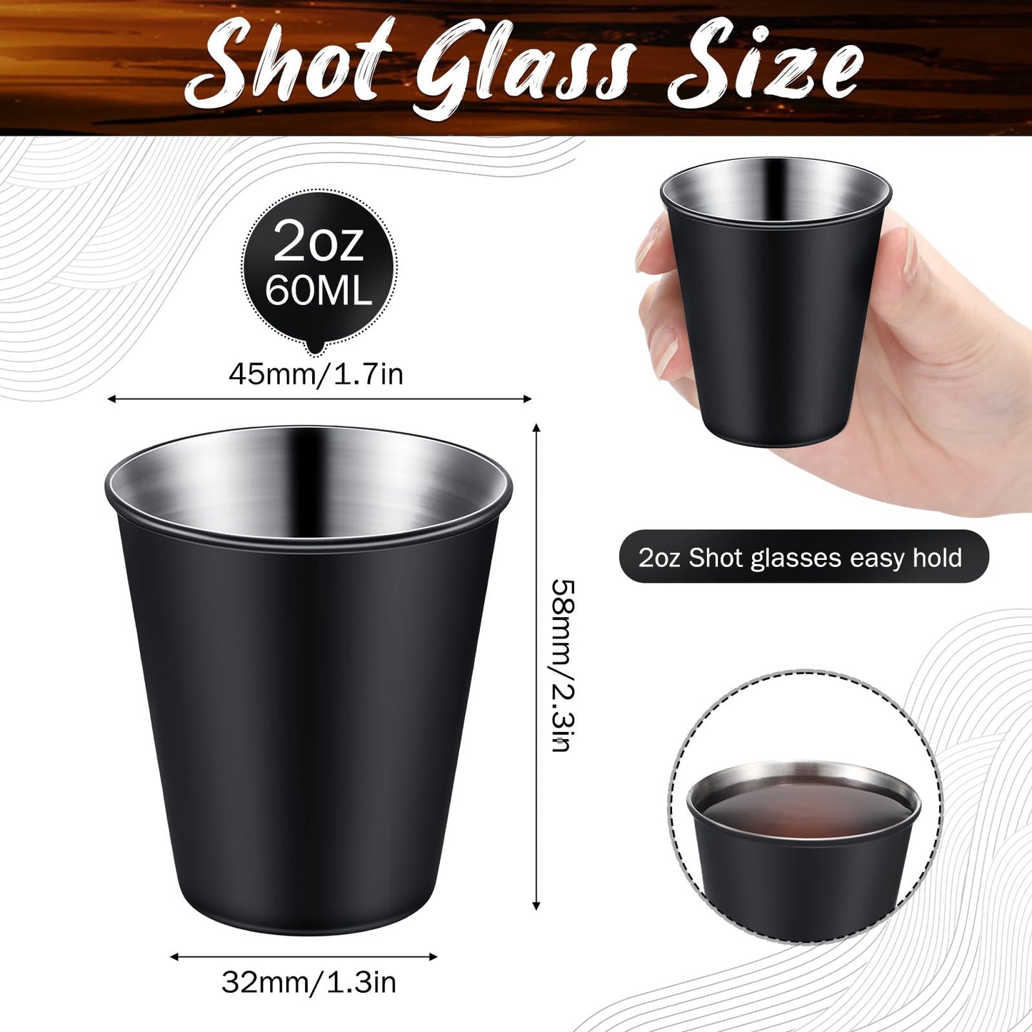 Lallisa 100 Pcs 2 oz Stainless Steel Shot Glasses Metal Cups Small Unbreakable Shot Glass for Espresso Whiskey Bar Home Restaurant Camping Barware Gift (Black)