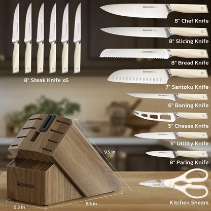 Astercook Knife Set Kitchen with Block and Sharpener Premium Full Tang 17 Pcs German Stainless Steel Knives Dishwasher Safe Kitchen Utensils Set with with and Anti-slip Ergonomic Handle, Cream White