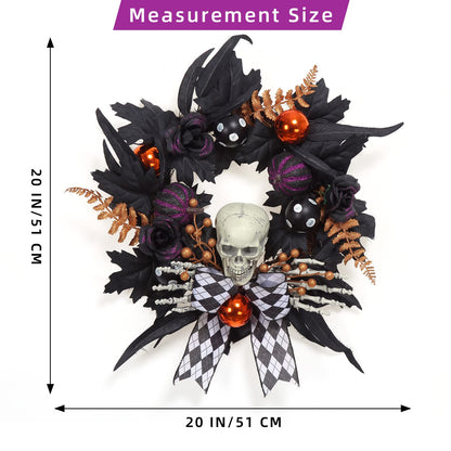 Adeeing Halloween Wreath for Front Door Halloween Skeleton Decorations, 20 Inch Pumpkin Wreath with Skull Black Roses Maple Leaves for Window Indoor Outside Home Party Decor