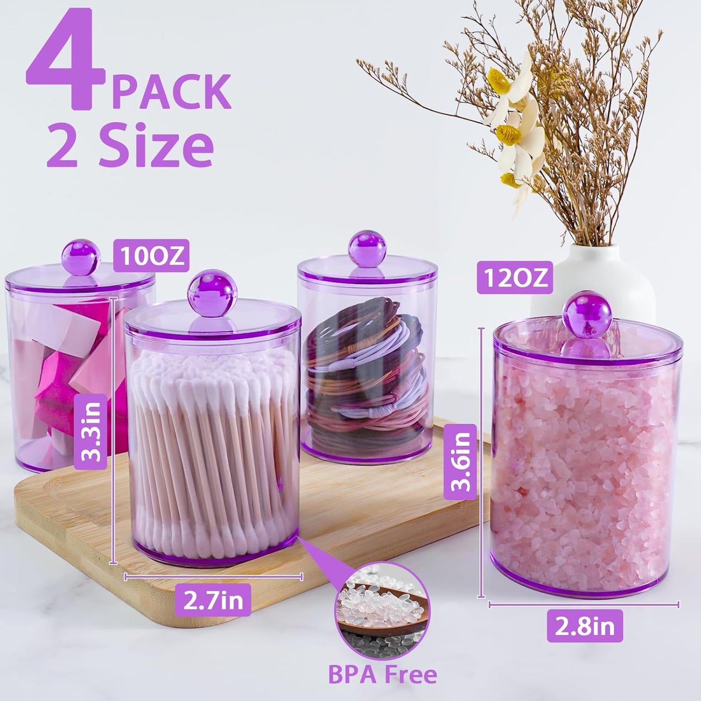 XIPENGKEJI Qtip Holder Set - 4 Pack Apothecary Jars with Lids for Bathroom Organization | 10oz-12oz Purple Canisters