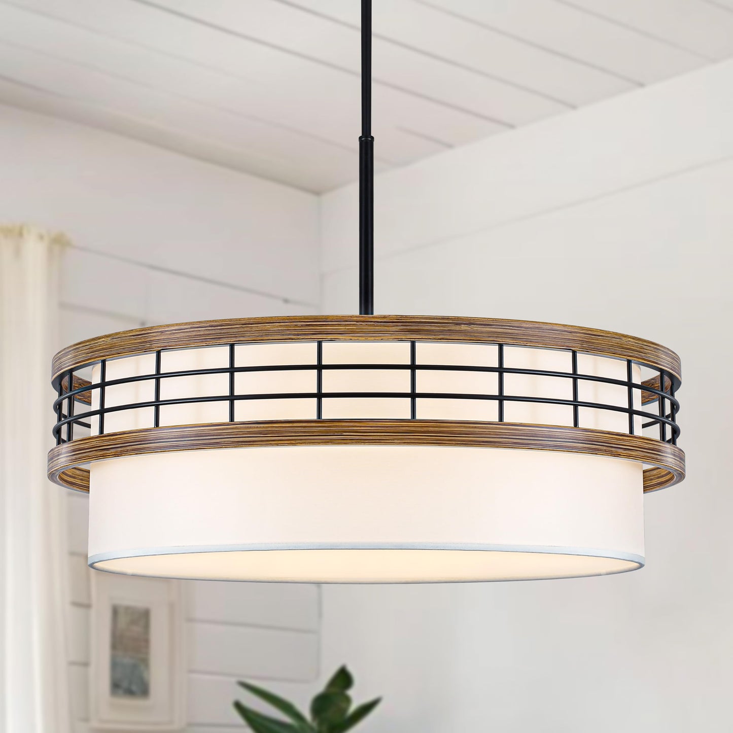 22" Large Drum Chandelier, Black and Wood Texture Pendant Light, 5-Light Farmhouse Kitchen Chandelier for Dining Room Foyer Entryway Bedroom