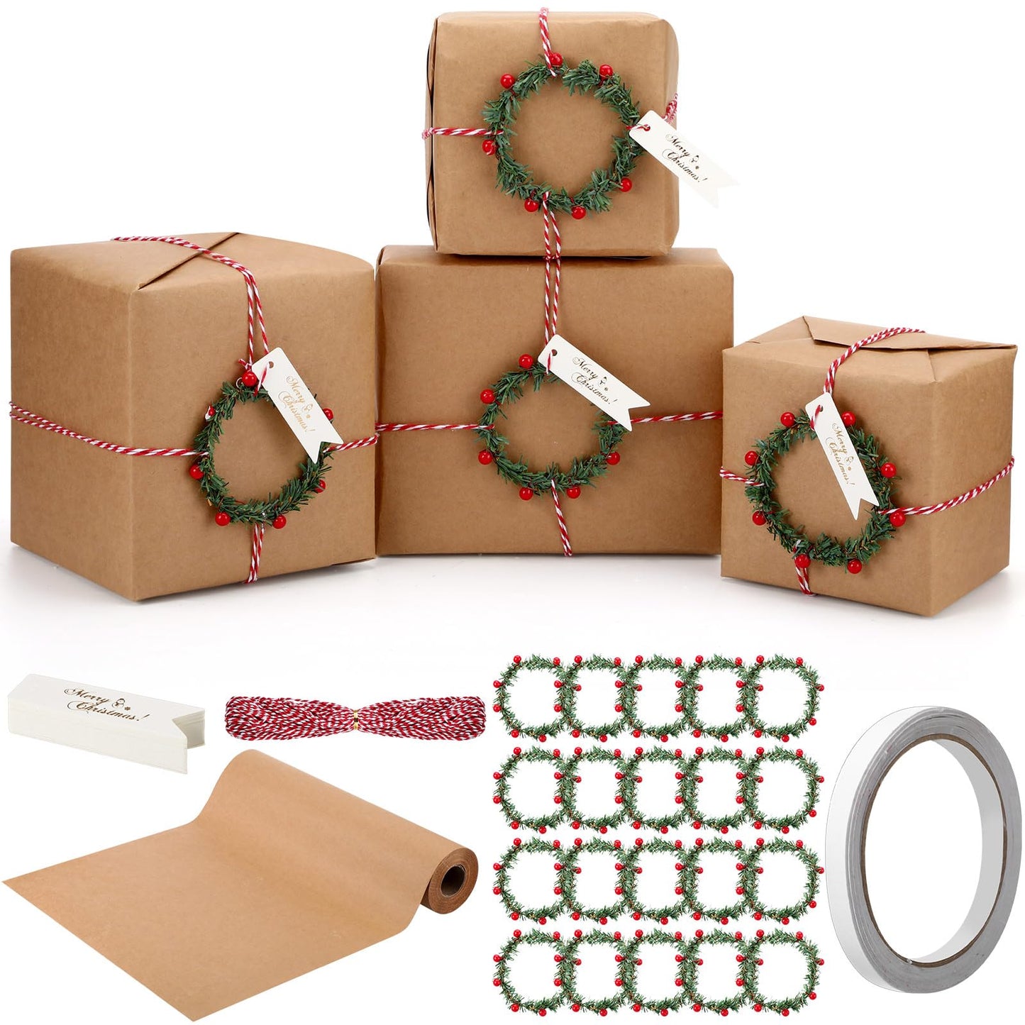 Spakon 73 Pcs Kraft Christmas Wrapping Paper Set, 15.7 in x 65.6 ft Brown Vintage Wrapping Paper with Red Berry Wreath Label Adhesive Tape for Christmas Handmade DIY Craft