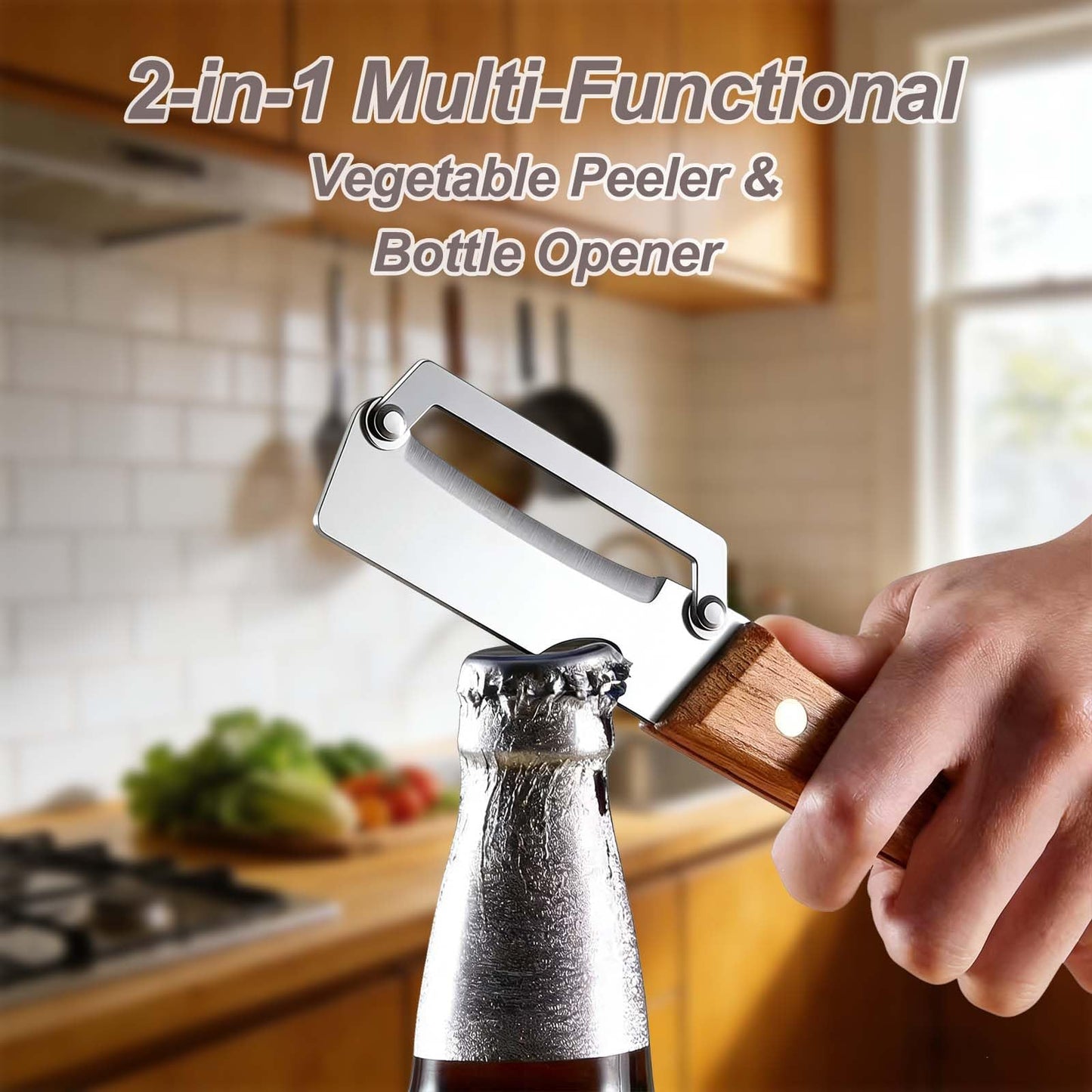 2PCS Premium Vegetable Peeler with Wooden Handle and Bottle Opener, Multi-Functional Vegetable Peeler, Stainless Steel Blade Kitchen Tool for Fruit