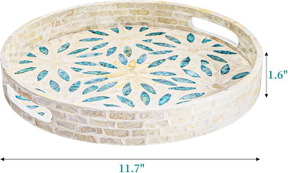 12 Inch Mother of Pearl Decorative Serving Tray, Round Decorative Table Tray, Wood Coffee Table Ottoman Tray