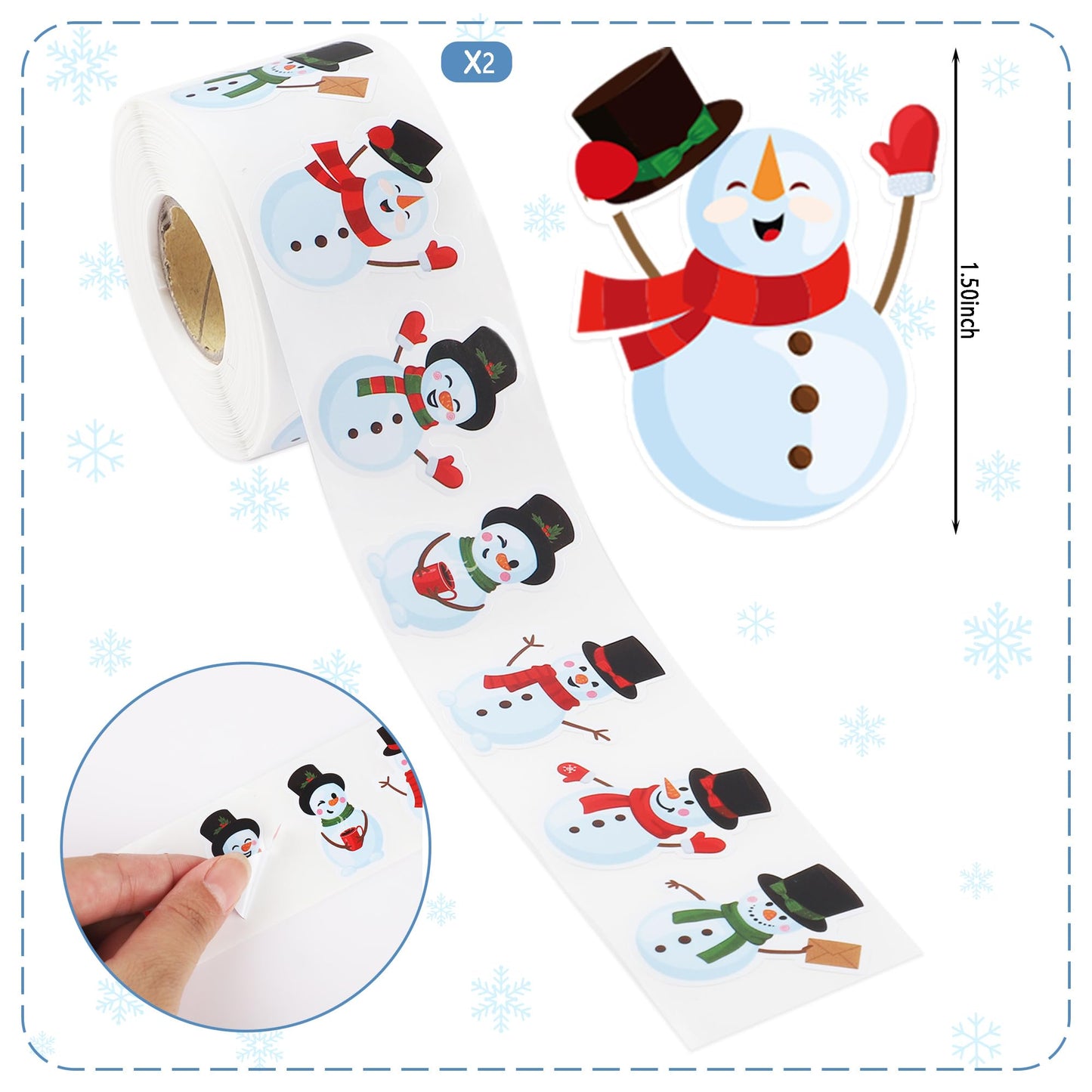 1200 PCS Snowman Roll Stickers Christmas Snowman Envelope Labels Stickers Xmas Assorted Snowmen Seal Stickers Roll for Kids Winter Christmas Holiday Party Gift Decor