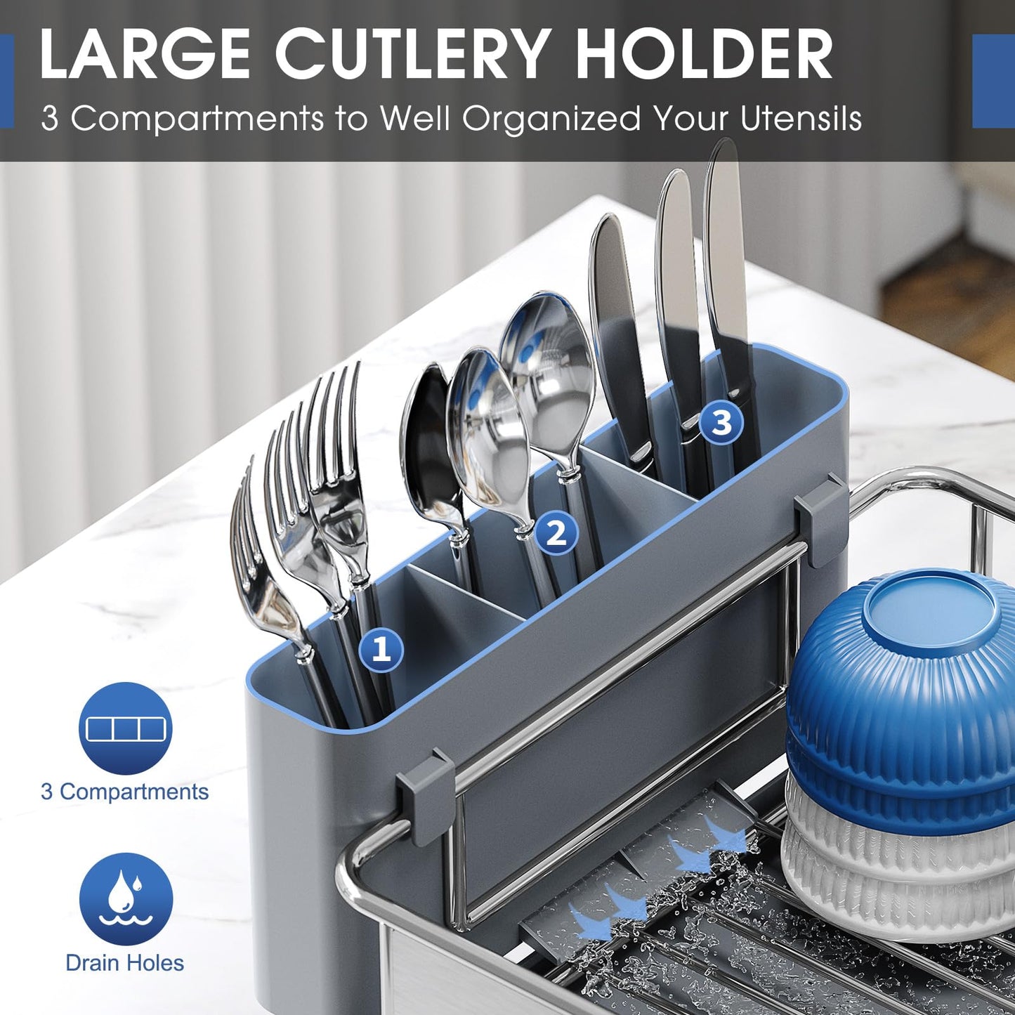Urackify Stainless Steel Dish Drying Rack - Large Capacity Kitchen Counter Organizer with Drain Board, Utensil Holder & Detachable Cup Shelf, 304 Surgical-Grade Rust-Proof Dish Drainer, Easy Assembly