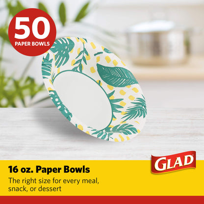Glad Soak-Proof Palm Leaves Paper Bowls, Heavy-Duty Round Disposable Bowls for Soup, Salad and Snacks, Cut-Resistant and Microwave Safe for Daily Meals, Picnics and Parties, 16 Ounce, 50 Count