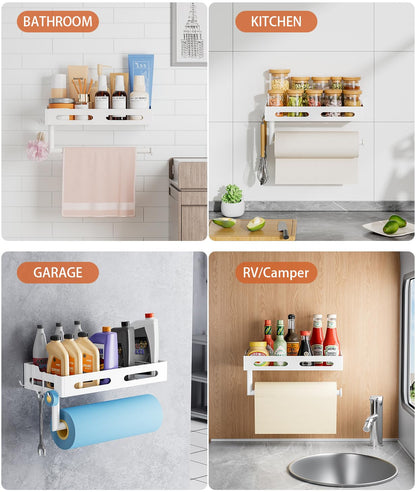 Paper Towel Holder Wall Mount with Shelf, Easy One Hand Tear, Adhesive Glue or Drill Mount Hanging Paper Towel Holder with Shelf for Kitchen/Bathroom/RV, White Metal, 4 Hooks