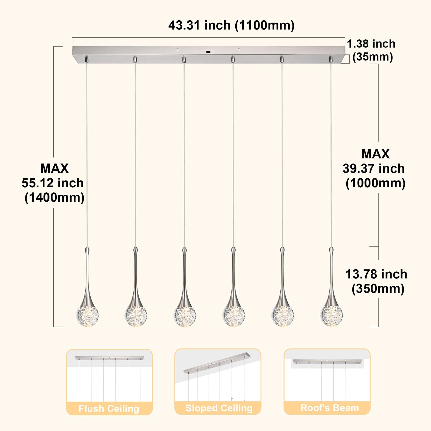 VINLUZ 6-Light Rectangle Brushed Nickel Crystal Chandelier, Dimmable LED Bubble Raindrop Modern Pendant Lighting Fixture, Luxury Elegant Adjustable Spiral Ceiling Light for Entryway Living Room Island