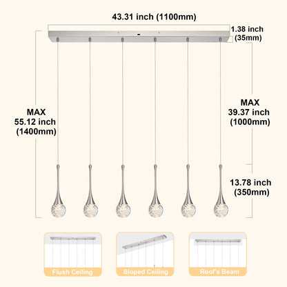 VINLUZ 6-Light Rectangle Brushed Nickel Crystal Chandelier, Dimmable LED Bubble Raindrop Modern Pendant Lighting Fixture, Luxury Elegant Adjustable Spiral Ceiling Light for Entryway Living Room Island