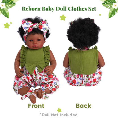 BABESIDE 3 Pcs Reborn Baby Doll Clothes Set for 17-20 Inch Babys Doll, Floral Jumpsuit, Bow Headband and Socks for Realistic Dolls Girl
