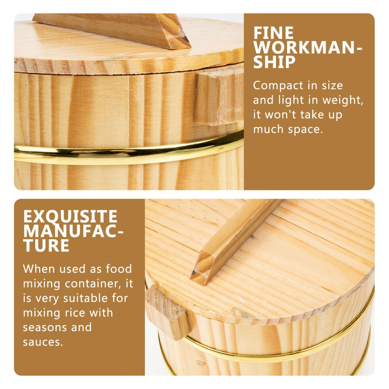SHOWERORO Wooden Rice Bucket with Lid 6.3X4.7X4.3 Inch Japanese Style Sushi Rice Bowl and Bibimbap Mixing Tub Compact Wood Serving Dish for Home Kitchen