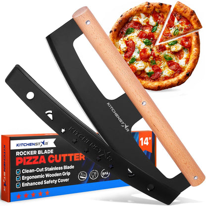 KitchenStar 14-Inch Pizza Cutter Rocker Blade - Razor Sharp Stainless Steel Slicer Knife, Stylish Beech Wood Handle, Protective Cover - Professional Pizza Oven Accessories, Black
