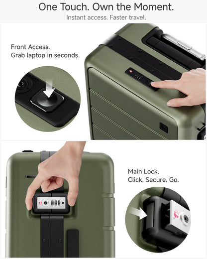LUGGEX 21 Inch Zipperless Carry On Luggage - HUP Pro Front Opening Compartment Suitcase with Spinner Wheels, 38L Capacity, TSA Locks, Airline Approved for Business Travel(ZX-Pro, Olive Green)