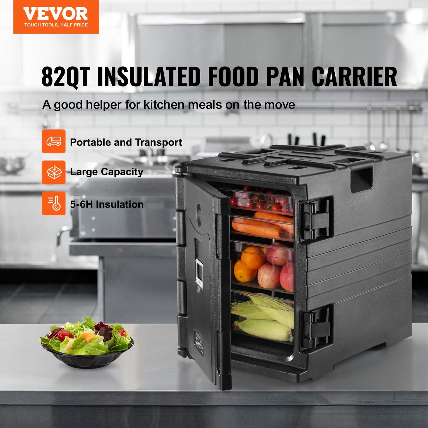 VEVOR Insulated Food Pan Carrier, 95 Qt Hot Box for Catering, LLDPE Food Box Carrier w/Double Buckles, Front Loading Food Warmer w/Handles, Stackable End Loader for Restaurant, Canteen, etc. Black