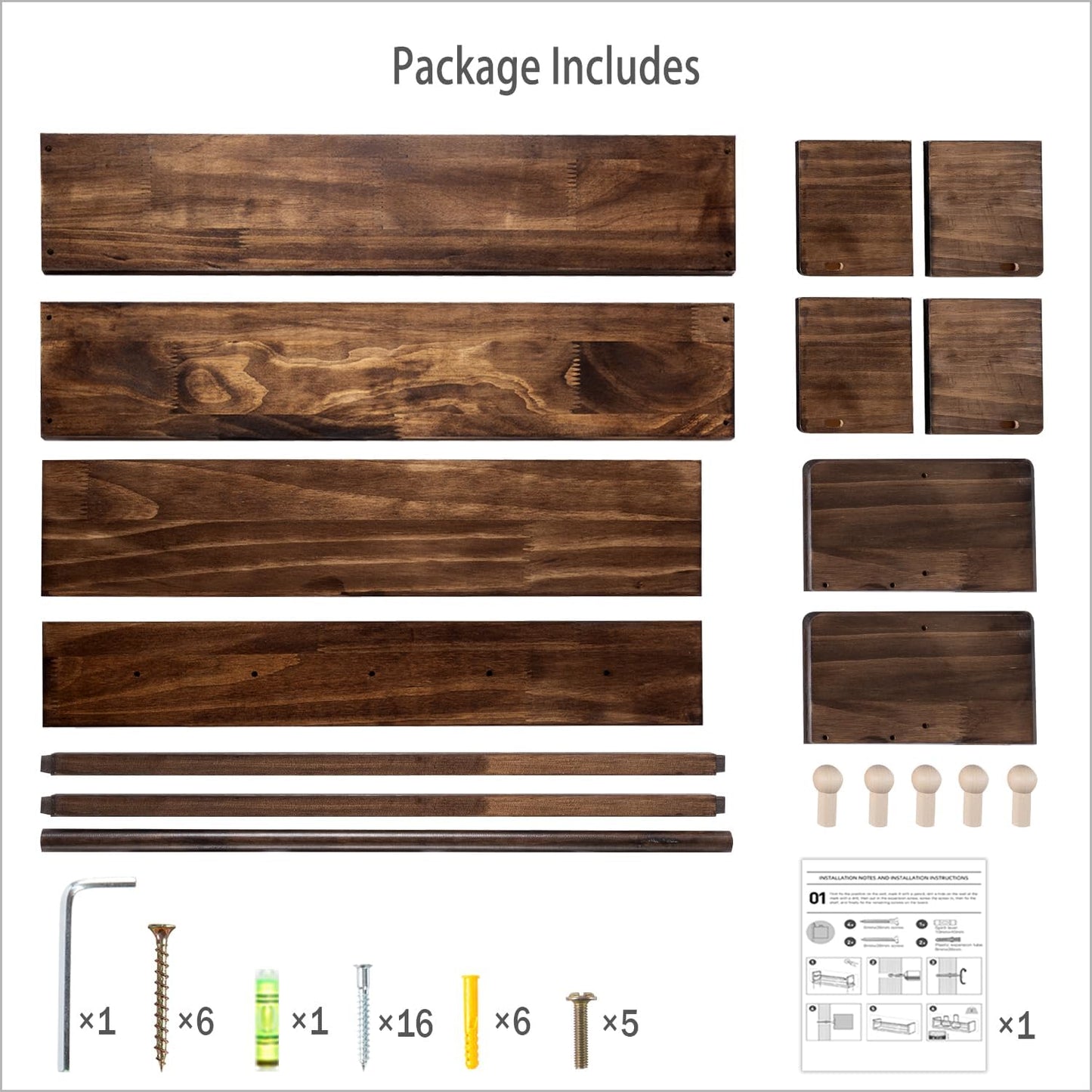 16 Inch Set 3 AZSKY Nursery Book Shelves Wall Floating Bookshelf with Hook Deep Walnut Hanging Book Shelf Toddler Room