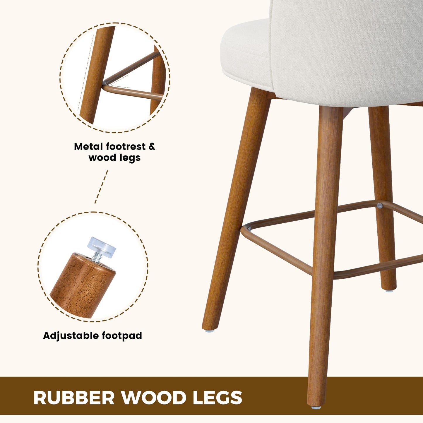 Daluvenix Modern Swivel Bar Stools Set of 3, Chic Upholstered Counter Height（26IN） Bar Chair with Back, Solid Wood Legs and Footrest, Comfortable Chenille Bar Stool for Kitchen Island, Cream White