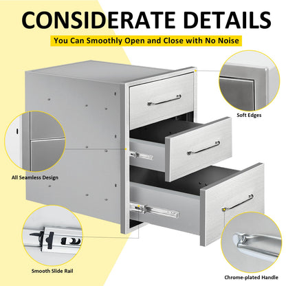 SGOLAN Outdoor Kitchen Drawers 16" W x 21" H x 23" D Flush Mount Triple BBQ Drawers with Chrome Handle Stainless Steel Drawer for Outdoor Kitchen Island, Patio Grill Station