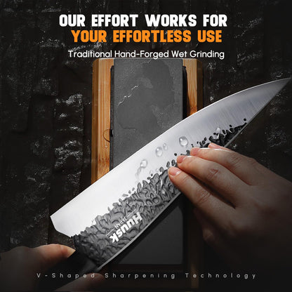 Huusk Chef Knife Japanese Kitchen - Hand Forged Viking Knife for Meat Cutting - Ideal Kitchen Knife Made From a Single Piece of High Carbon Steel Christmas Gift for Men and Women