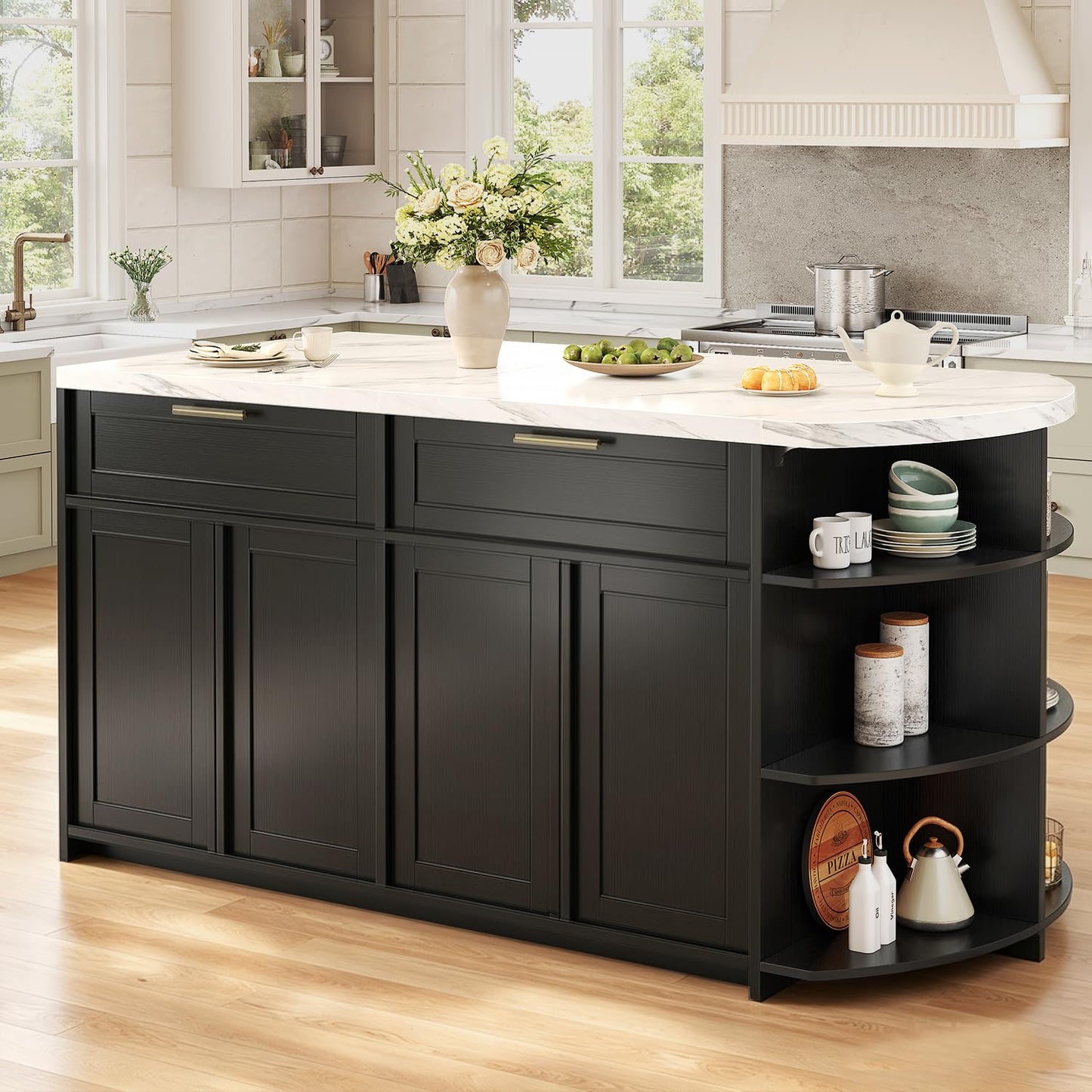 HSH 63” Large Kitchen Island with Seating, White Faux Marble Island Table with 2 Storage Drawers, Cabinets, 3 Open Shelves, Modern Counter Height Stationary Island Prep Table for Kitchen Dining Room