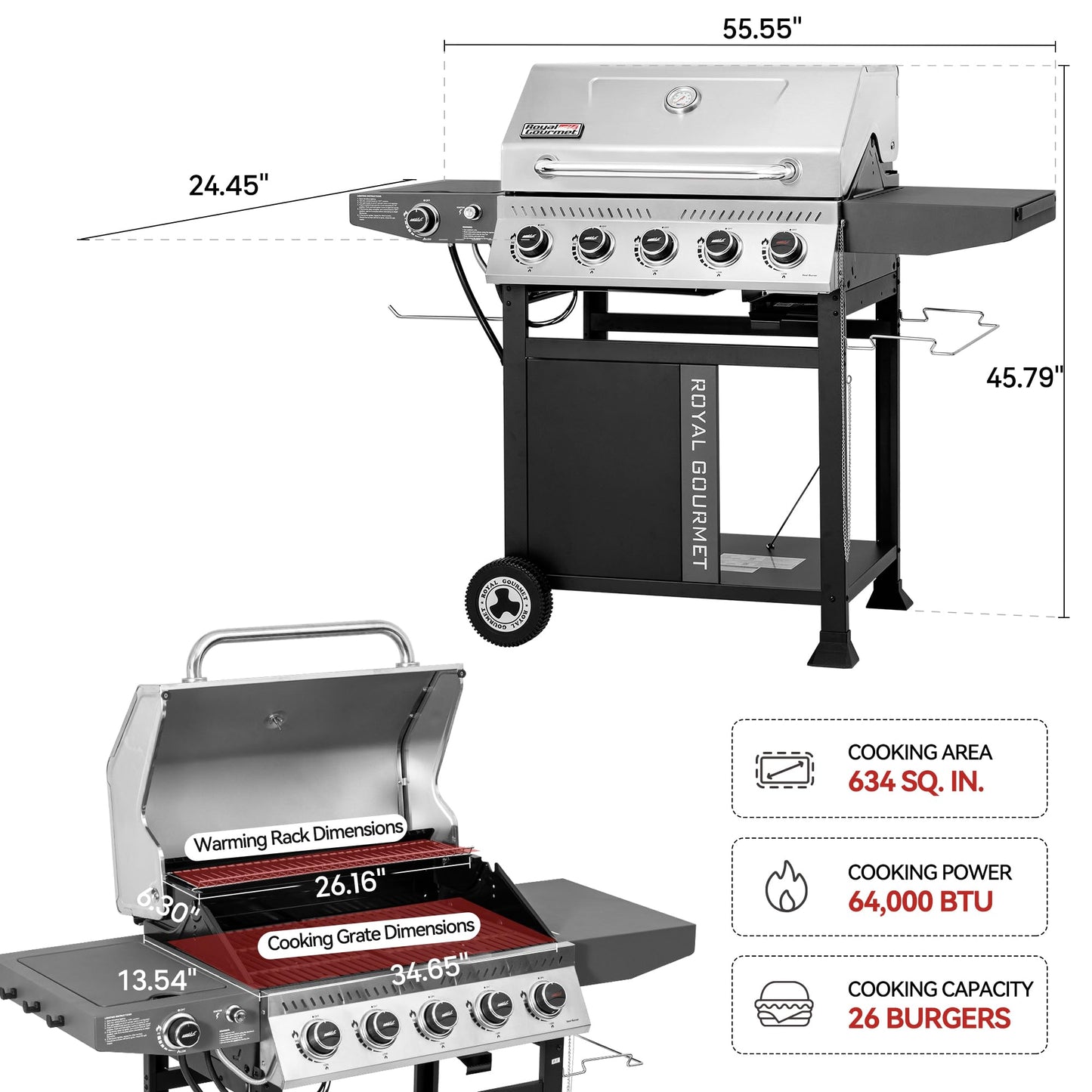 Royal Gourmet GA5406TS 5 Burner Propane Gas Grill with Side Burner and Sear Burner, Cart Style Gas BBQ Grill with Porcelain-Enameled Cast Iron Grates for Backyard Cooking, Silver & Black