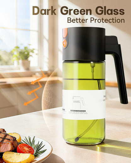 OURCABECUE Upgrade 2 in 1 Oil Sprayer for Cooking, 17oz Light-Blocking Glass Olive Oil Dispenser Bottle for Kitchen, Food-Grade Oil Mister with 8 Stickers for Salad, Frying (Green Bottle-Black Gap)